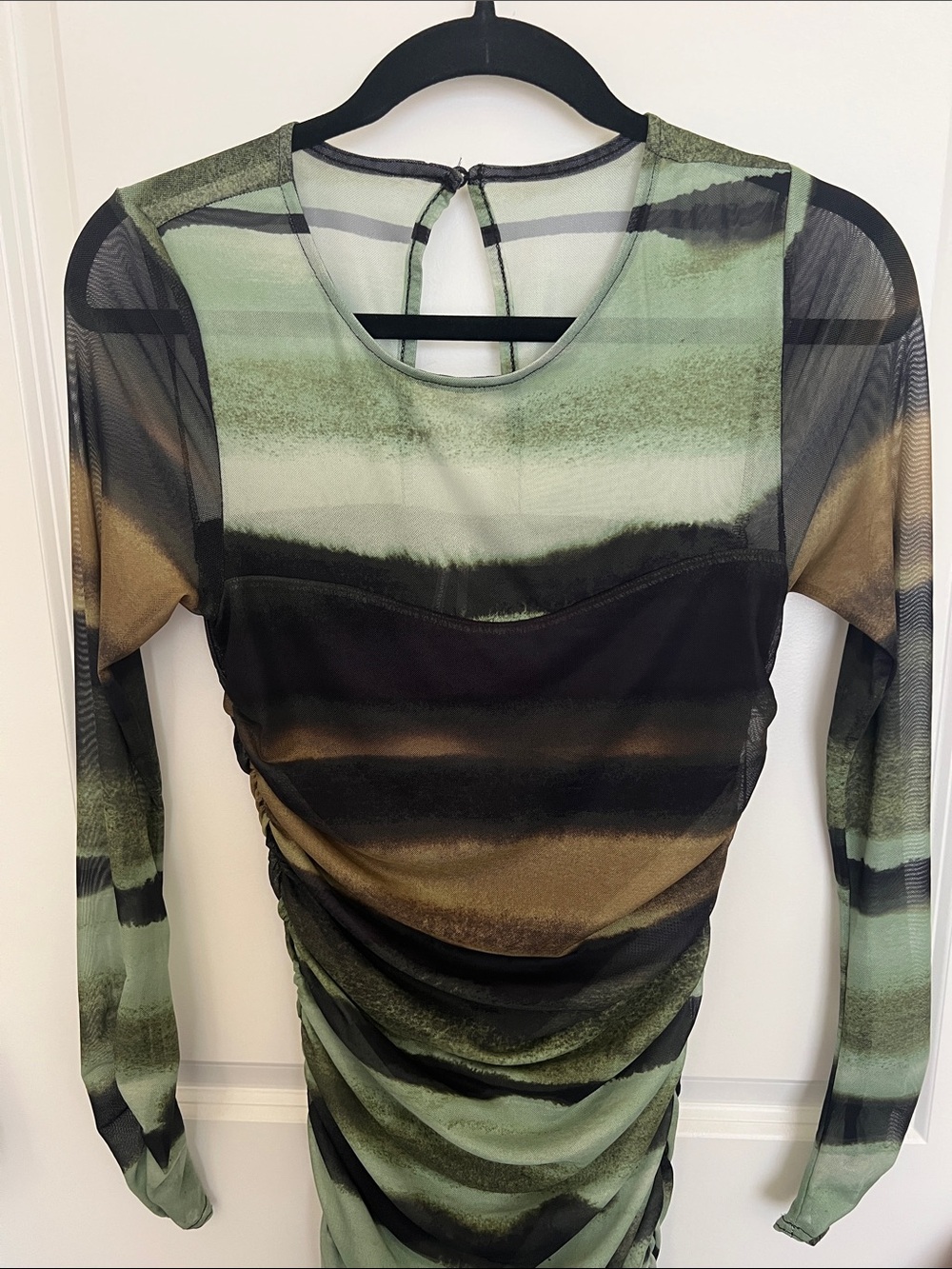 Anthropologie Green & Black Striped Ruched Mesh Midi Dress